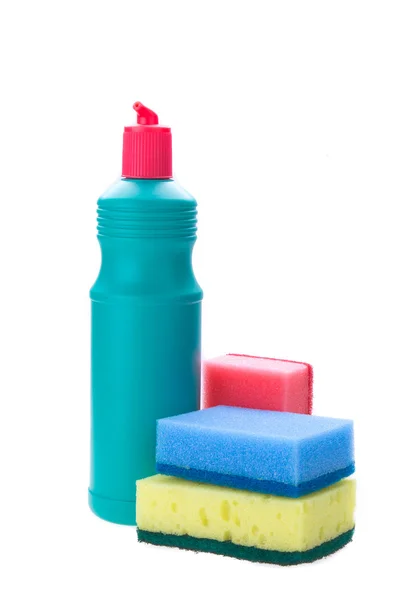 Detergent bottles and sponges — Stock Photo, Image