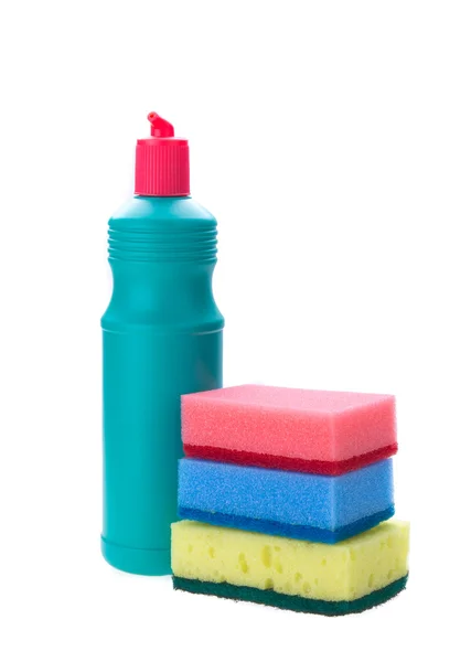 Detergent bottles and sponges — Stock Photo, Image