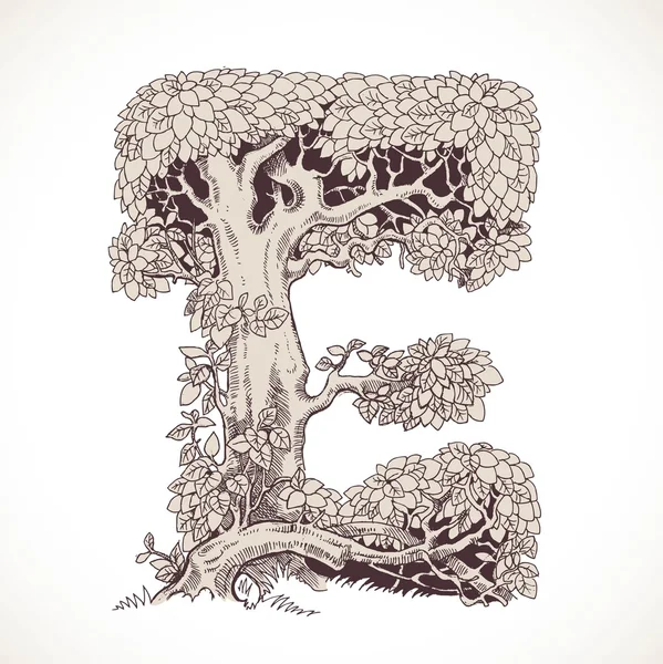 Magic forest hand drawn from trees by a vintage font - E — Stockvector