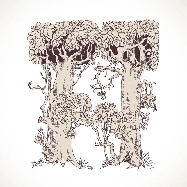 Mano de bosque mágico dibujado de los árboles por una fuente vintage - H — Vector de stock