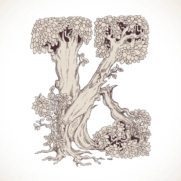 Magisch bos hand getrokken uit bomen door een vintage lettertype - K — Stockvector