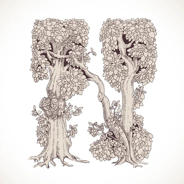 Magic forest hand drawn from trees by a vintage font - N — Wektor stockowy