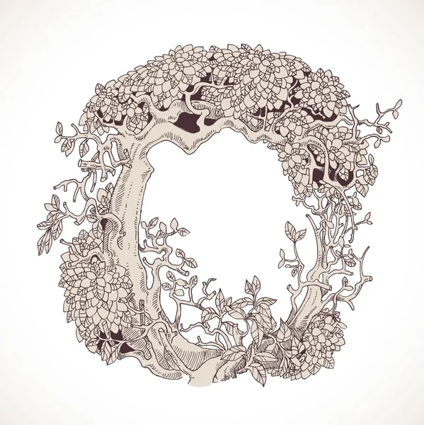 Magic forest hand drawn from trees by a vintage font - O — Wektor stockowy