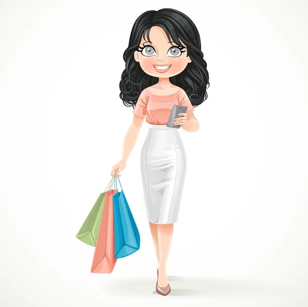 Linda menina morena com sacos de compras e o pé de smartphone — Vetor de Stock