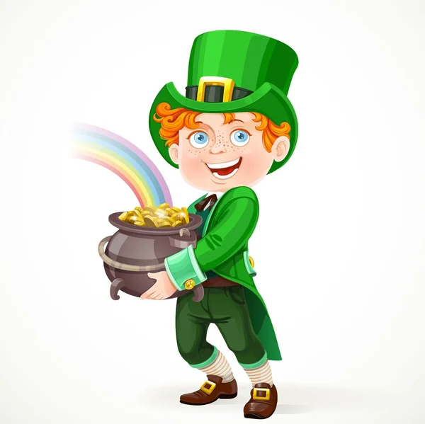 Ragazzo sveglio in un vestito di Leprechaun con pentola piena d'oro isolato su — Vettoriale Stock