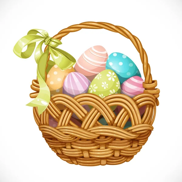 Cesta con huevos de Pascua de colores aislados sobre fondo blanco — Vector de stock