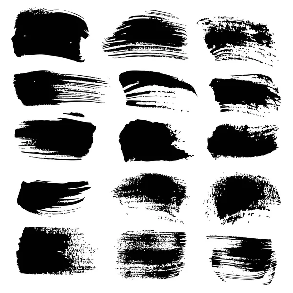 Абстрактные черные поглаживания разных кистей, изолированные на белом — стоковый вектор