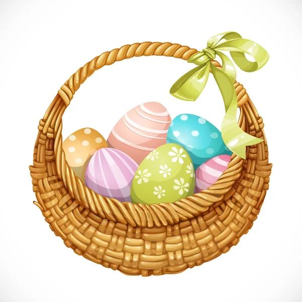 Realista alrededor de cesta de mimbre con huevos de Pascua, aislada en blanco — Vector de stock