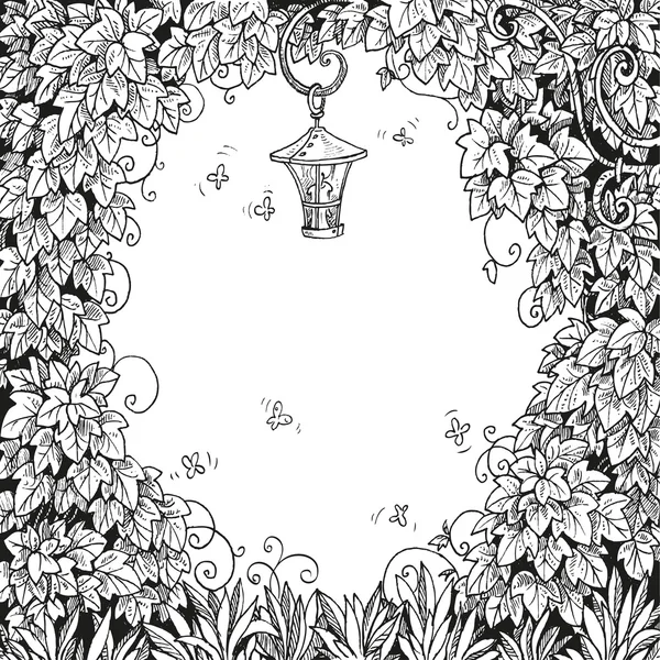 テキストのフレームの装飾妖精の森、懐中電灯と — ストックベクタ