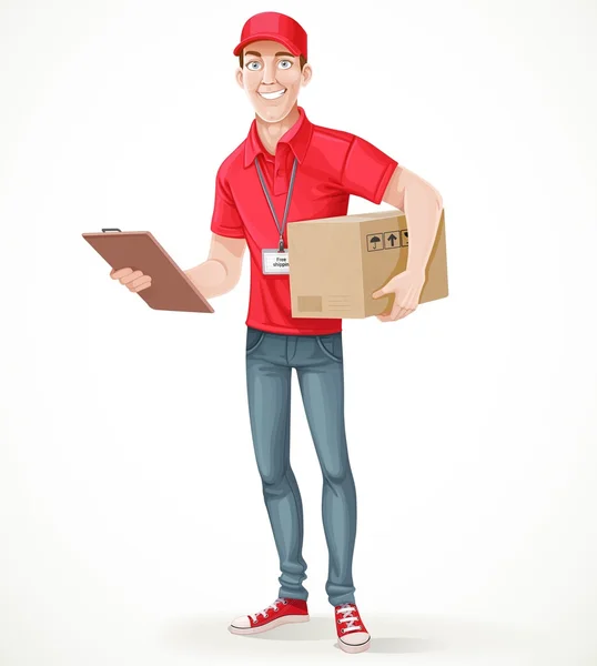 Young man courier delivery services of holding a large box and t — Stock Vector