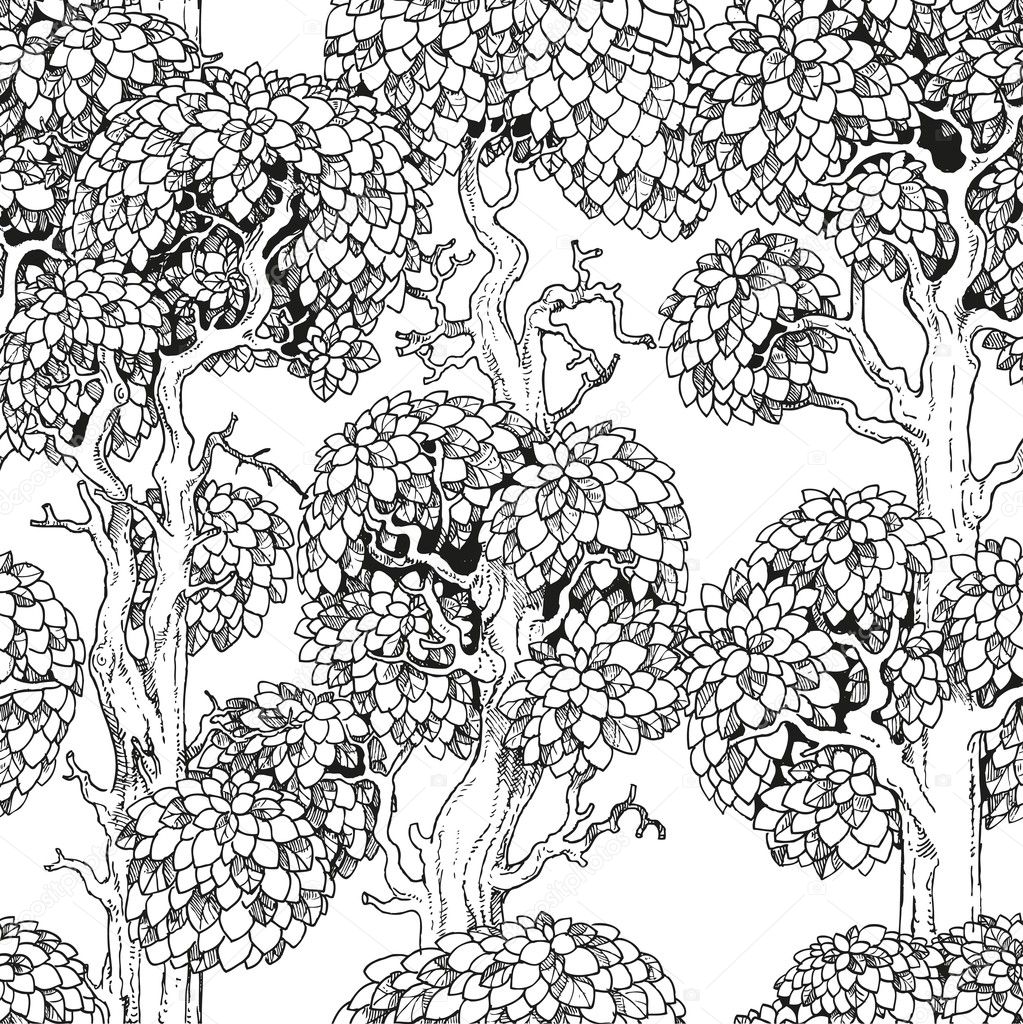 Seamless pattern of enchanted old trees graphic draw black and w