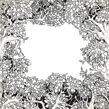 Frame for text decoration Enchanted Forest black and white vector
