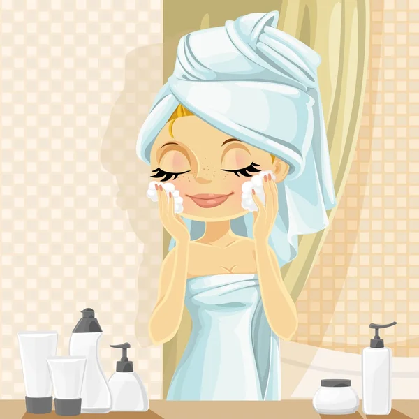 Linda chica en turbante lava colada facial en el baño — Archivo Imágenes Vectoriales