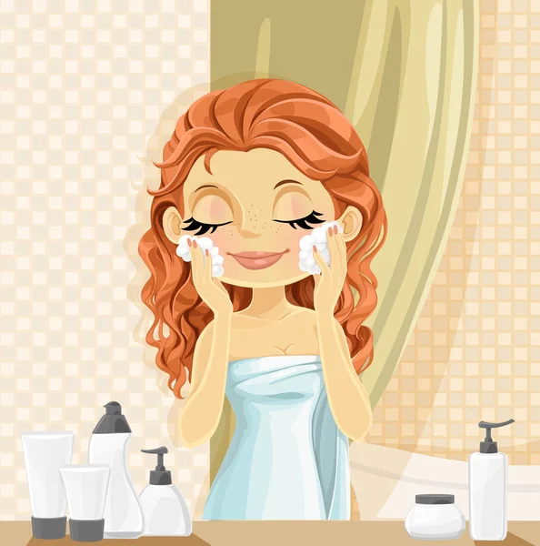 Cute brunette girl washes facial wash in the bathroom — Stock Vector