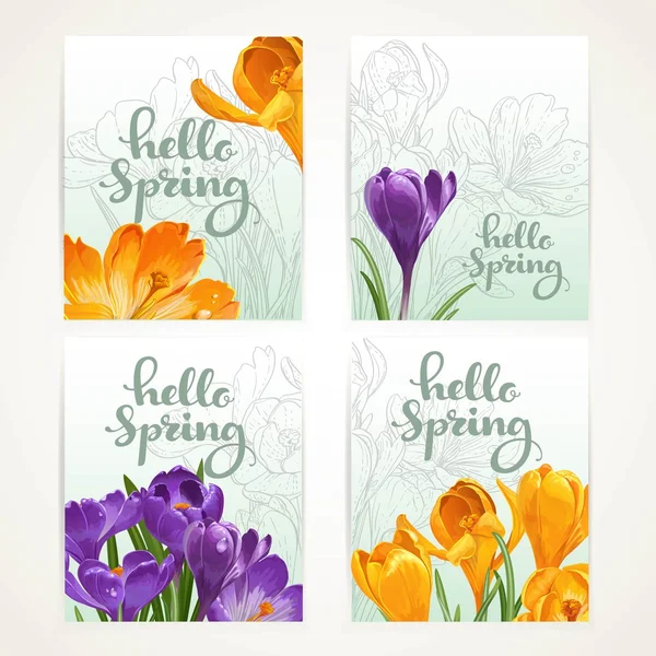 Four vertical banners Hello spring with yellow and purple crocus — Stock Vector