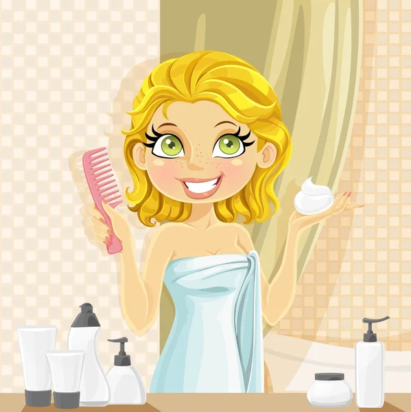 Beautiful young brunette woman puts wet hair styling mousse in the bathroom. — Stock Vector