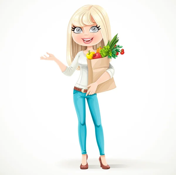Linda garota loira com papel saco fresco frutas e legumes carrinho — Vetor de Stock