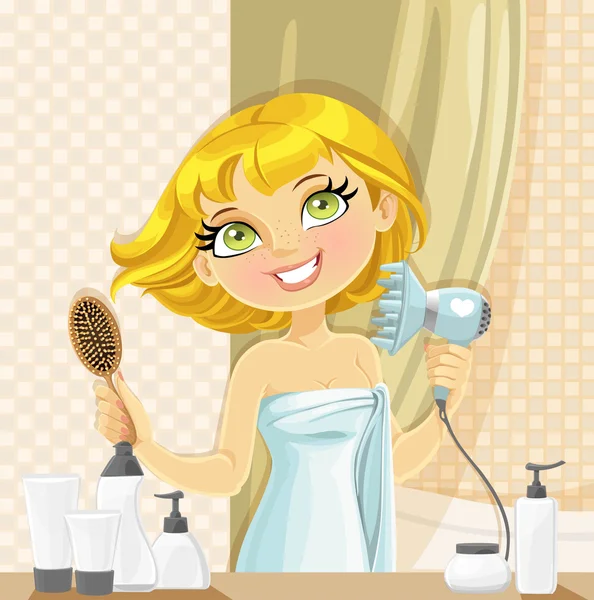 Симпатичные блондинка сушит ее волосы феном в ванной комнате — стоковый вектор