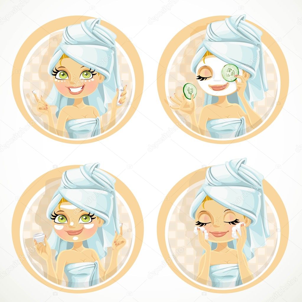 Cute girl in turban from towel put a cream or mask on face cosme