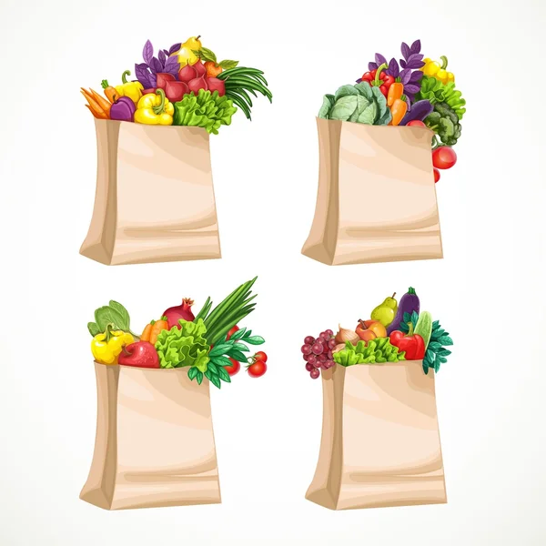 Paper bags filled with organic food fruits and vegetables isolat - Stok Vektor