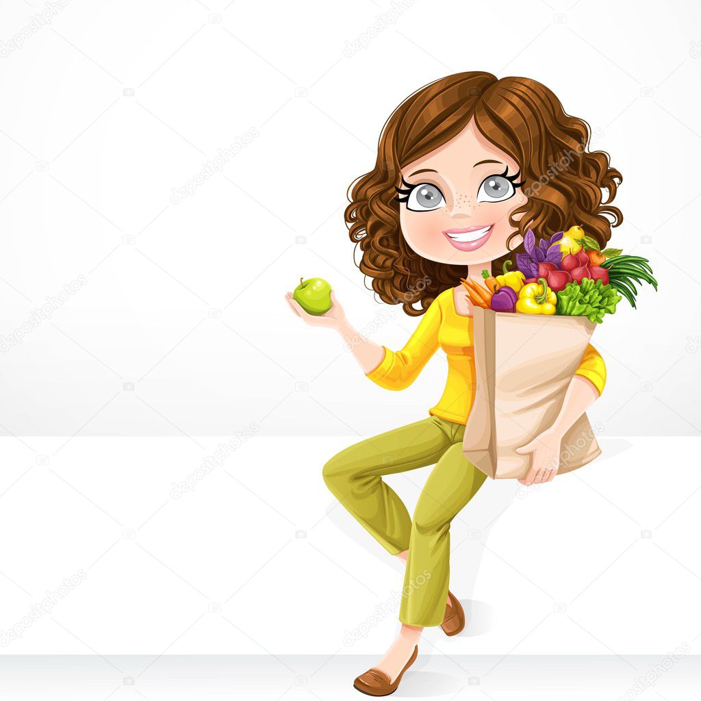 Cute brunette girl with paper bag fresh fruits and vegetables an