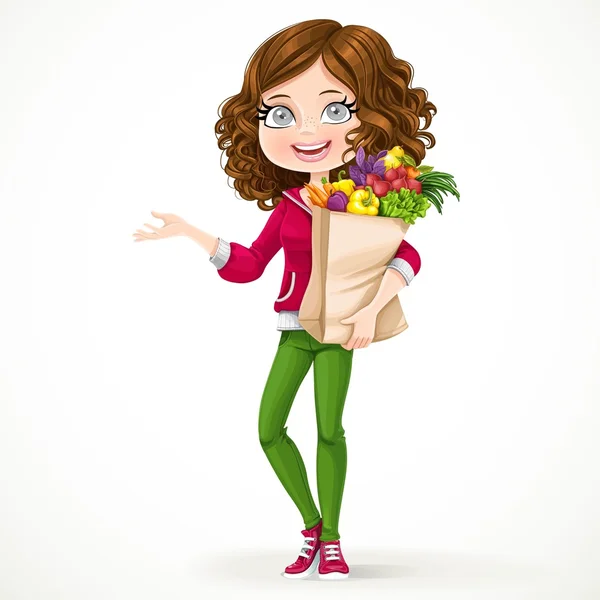 Cute brunette girl with curly hair holding a paper bag with  fruit and vegetables — Stock Vector