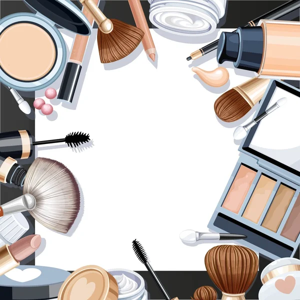 Fondo negro con objetos cosméticos para marco de maquillaje de blanco — Archivo Imágenes Vectoriales