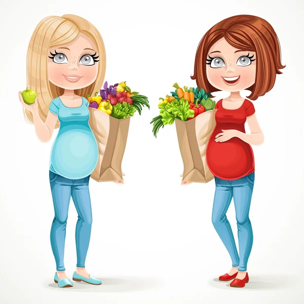 Two cute pregnant women blonde and brunette with paper bag fresh — Stock Vector