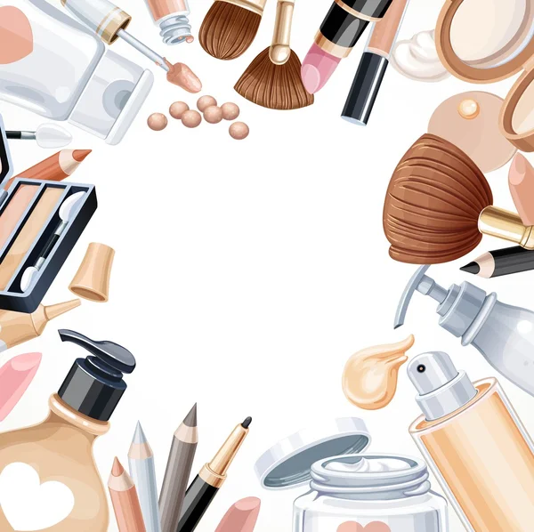 Fondo blanco con objetos cosméticos para el maquillaje — Vector de stock
