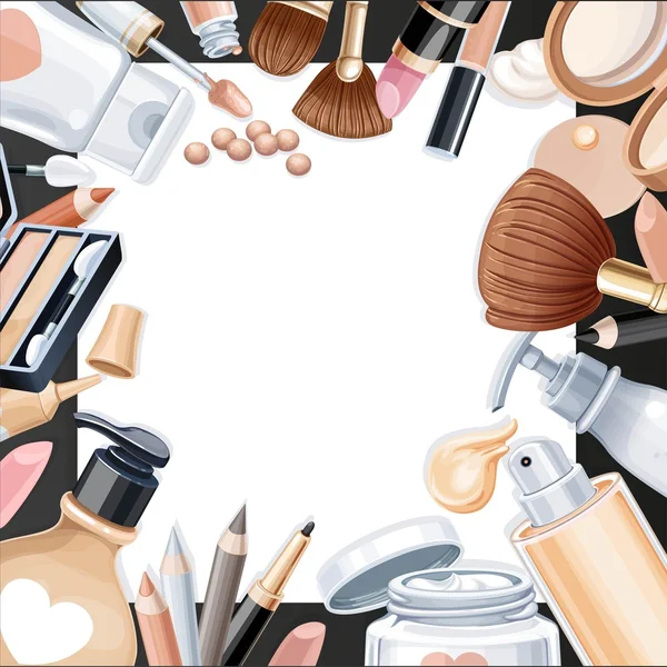 Zwarte achtergrond met cosmetische objecten voor make-up op wit papier — Stockvector