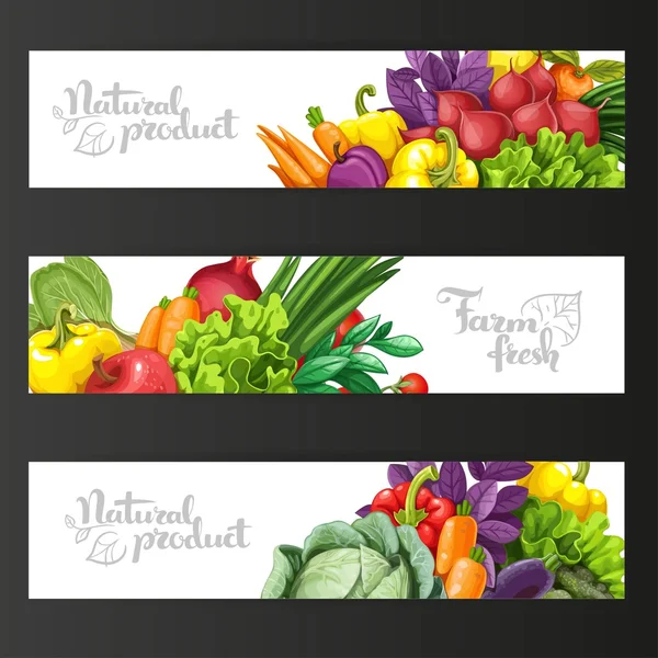 Three horizontal banners with fresh fruits and vegetables on a b — Stock Vector