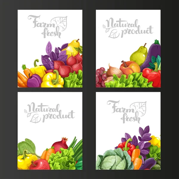 Four vertical banners with fresh fruits and vegetables on a blac — Stock Vector