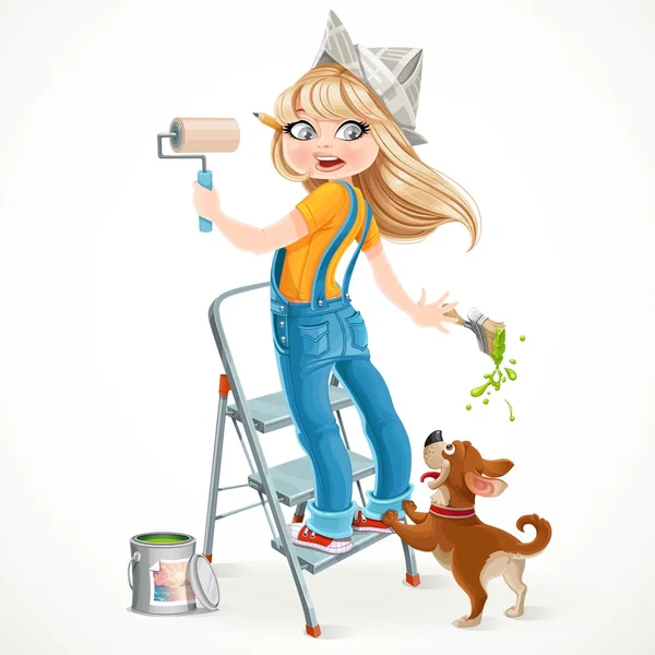 Cute girl in overalls standing on a stepladder with a paint roll — Stock Vector