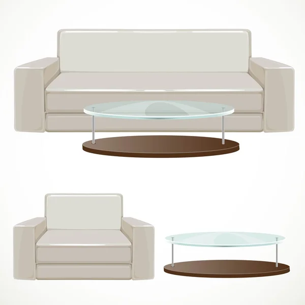 Canapé et fauteuil rembourré avec table lumineuse de beige et café — Image vectorielle