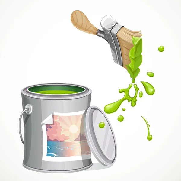 Iron bank with paint and brush splashes of green paint isolated — Stock Vector