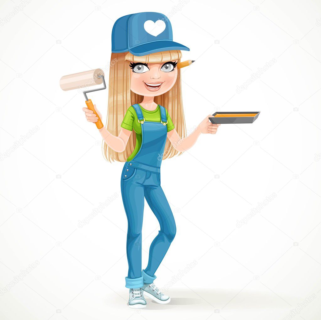 Beautiful girl in overalls holding a roller and tray with paint 