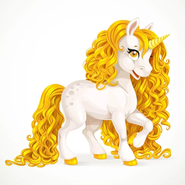 White fabulous unicorn with golden mane isolated on a white back - Stok Vektor