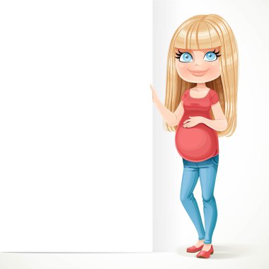 Şirin hamile kadınlar büyük bir beyaz boş afiş wh izole tutun