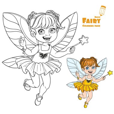 Cute little autumn fairy girl with a Magic wand color and outlin clipart