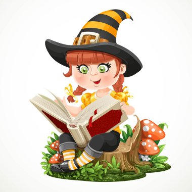Cute little girl witch sitting on a tree stump and reads magic b clipart
