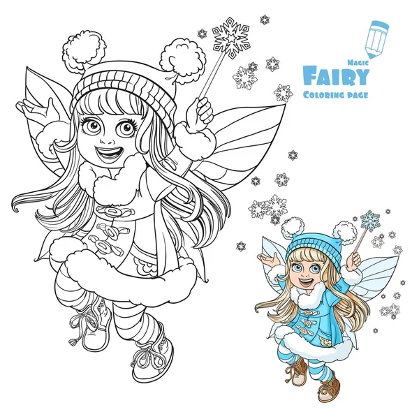 Cute little winter fairy girl with a Magic wand color and outlin — Stock Vector