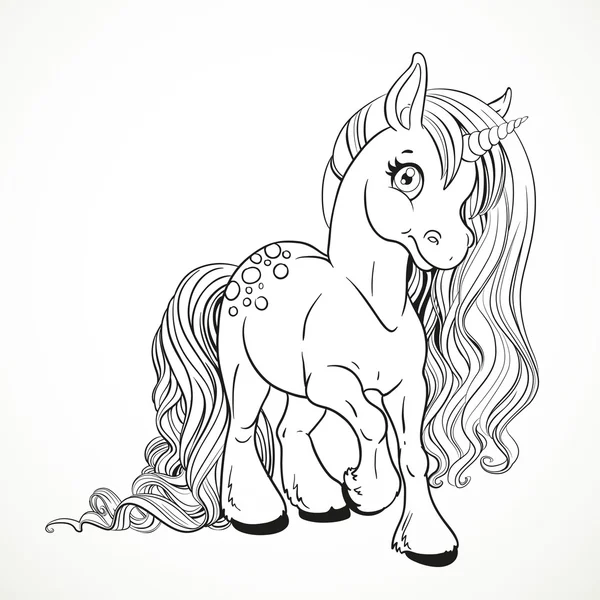 Cute fabulous unicorn with lush mane outlined for coloring book — vektorikuva