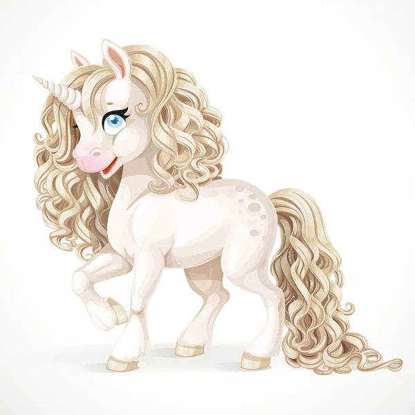 Cute fabulous white unicorn with golden mane isolated on a white - Stok Vektor