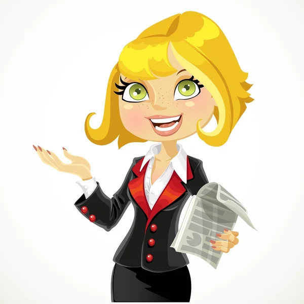 Cute blond business woman explains something or gives a presenta — Stock Vector