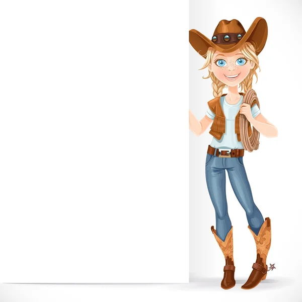 Linda garota com um chapéu de cowboy e com laço segurar bla branco grande — Vetor de Stock