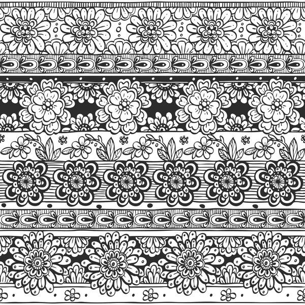 Бесшовный орнамент из цветов в этническом стиле черный и белый — стоковый вектор