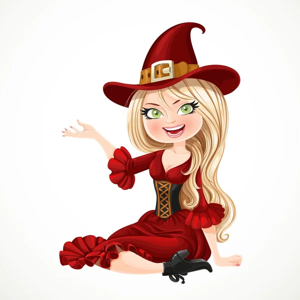 Beautiful blonde witch in maroon dress sitting on the floor and — Stock Vector