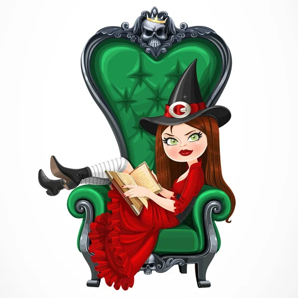 Piękna czarownica w czerwonej sukience siedzi w fotel z wysokim oparciem — Wektor stockowy