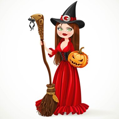 Süpürgeyle uçan için tutan bir Kırmızı elbiseli güzel cadı ve bir 