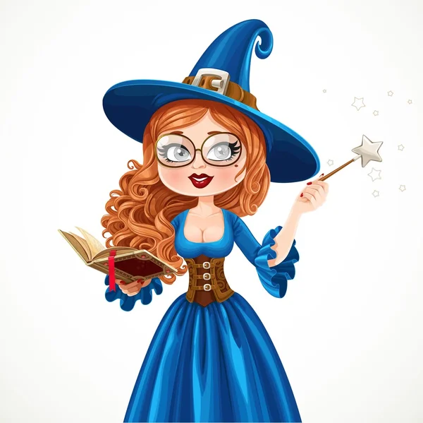 Beautiful witch wearing in blue dress holding a magic wand and b — Stock Vector